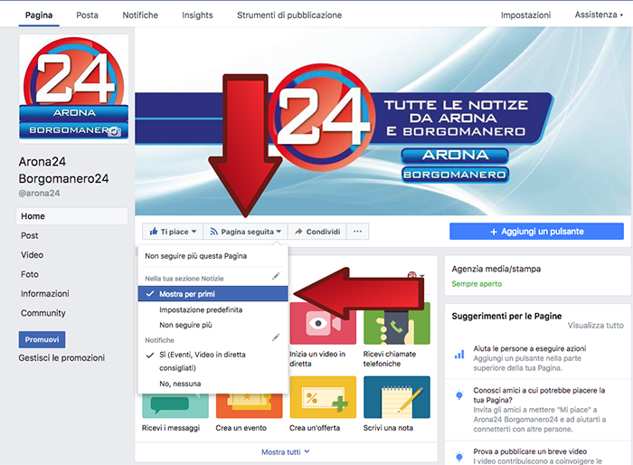 Cambia Facebook, selezionate l'opzione "mostra per primi" per Borgomanero24